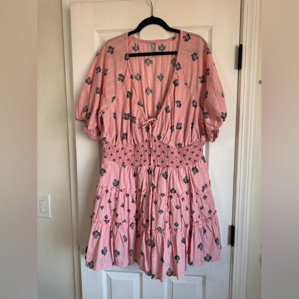 Pink Floral Mini Dress with Smocked Waist